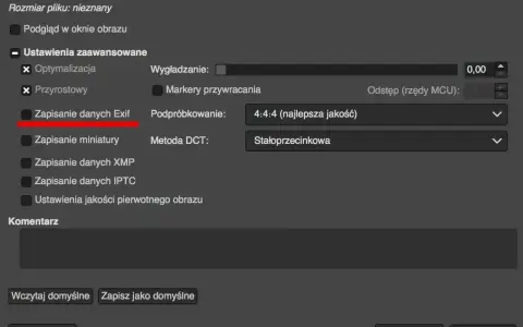 Ustawienia zaawansowane: Zapisanie danych Exif pozwala sprawdzić, kiedy było zrobione zdjęcie.