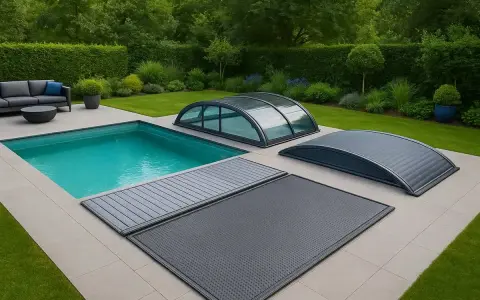 En modern pool med olika poolskydd. Isolering under poolen hjälper till att hålla värmen.