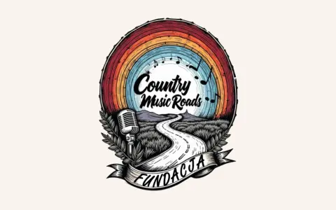 Logo Fundacji "Country Music Roads" z tęczą, drogą, mikrofonem i nutami. Promuje muzyka country wykonawcy.