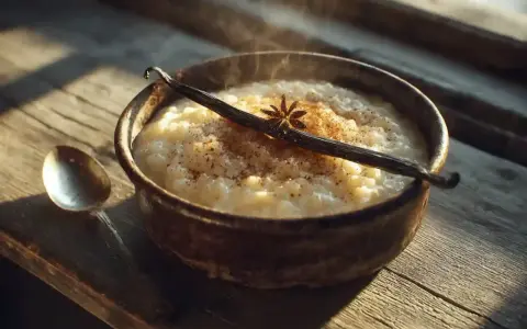 Un bol fumant de riz au lait, garni d'une gousse de vanille et d'anis étoilé. Parfait pour des recettes de riz au lait réconfortantes.