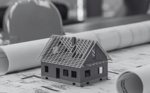 Model domu na planach budowlanych, z widoczną szerokością elewacji frontowej. Obok kask budowlany i zwinięte projekty.