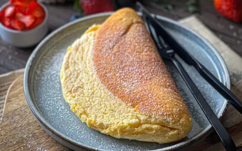 Puszysty omlet, lekko przyprószony cukrem pudrem, czeka na talerzu obok czarnych sztućców. W tle widać miseczkę z truskawkami.