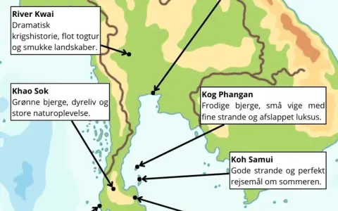 Karta över Thailand med platser som Khao Lak, Khao Sok, River Kwai, Koh Phangan och Koh Samui.
