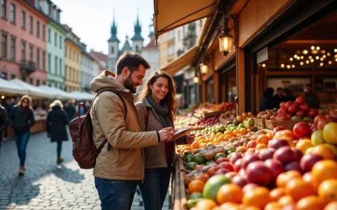 Para młoda sprawdza ceny w Czechach na targu z owocami. Kolorowe kamienice w tle.