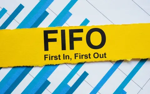 Żółty pasek z napisem FIFO (First In, First Out) na tle wykresu. Zasada fifo lifo w zarządzaniu zapasami.