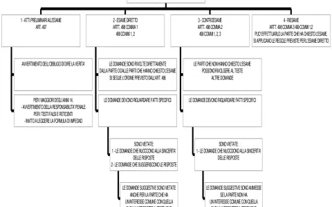 Schema sull'esame dei testimoni (artt. 497-499 cpp): atti preliminari, esame diretto, controesame e riesame.