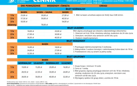Cennik Krytej Pływalni w Kłodzku: bilety normalne, ulgowe, rodzinne i grupowe na basen i basen+sauna.