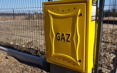 Żółta skrzynka gazowa z napisem "GAZ" przy ogrodzeniu. Zastanawiasz się, ile kosztuje przyłącze gazu?