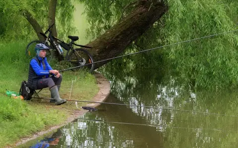 Wędkarstwo spławikowe na stawie. Mężczyzna w kasku i kamizelce siedzi na krześle, trzymając wędkę. Obok rower.