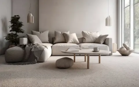 Un soggiorno accogliente con divano angolare, tavolino rotondo e tappeto in un caldo color taupe che è.