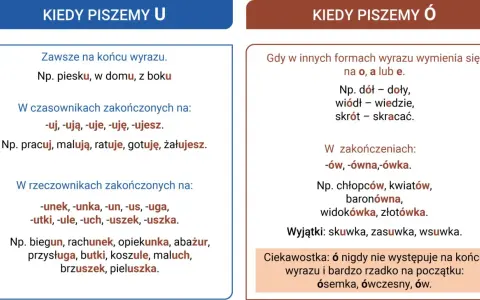 Zasady pisowni ó: wymiana na o/a/e, zakończenia -ów/-ówna/-ówka, wyjątki. Ó nie występuje na końcu wyrazu.