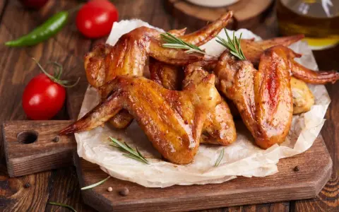 Alette di pollo dorate e succulente, cotte alla perfezione nella friggitrice ad aria, servite su carta forno con rosmarino, pomodorini e peperoncino.