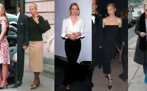 Carolyn Bessette-Kennedy i olika outfits: blommig klänning, svart tröja med beige kjol, vit skjorta med svart kjol, svart klänning och en rock med jeans.