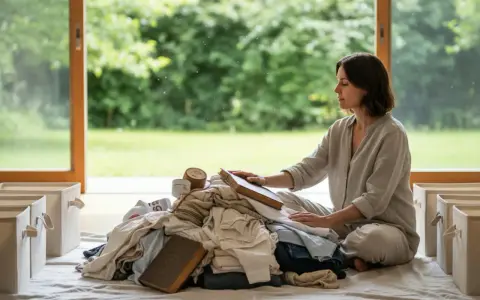 Donna medita su come iniziare il decluttering, circondata da vestiti e scatole vuote.