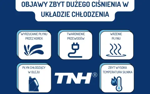 Objawy zbyt dużego ciśnienia w układzie chłodzenia: wyrzucanie płynu, twardnienie przewodów, wrzenie płynu, płyn chłodzący w oleju, wysoka temperatura silnika.