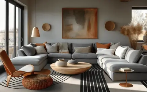 En modern lounge med en stor grå soffa, ett runt träbord och en abstrakt tavla som en statement piece.