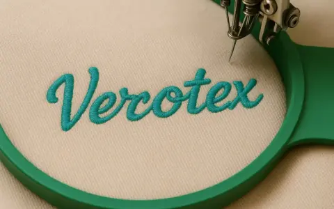 Broderie du mot "Verotex" sur un tissu beige, montrant les bases de la couture avec une machine à broder.