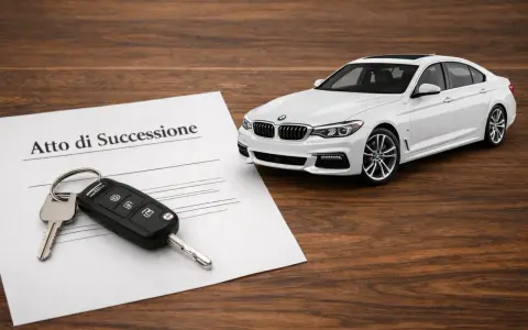 Chiavi e atto di successione accanto a un'auto bianca. Informazioni sulla successione auto defunto senza testamento costo.