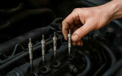 Dłoń mechanika wykonuje wymianę świec żarowych w silniku diesla.