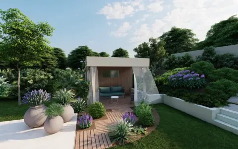 Un bel agencement jardin avec un kiosque moderne, des canapés confortables, des plantes luxuriantes et des pots décoratifs.