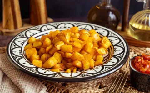 Knusprige patatas bravas in einer marokkanisch inspirierten Schale, daneben eine Schale mit scharfer Tomatensauce.