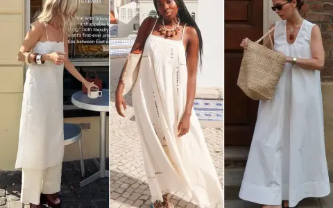 Tre donne con abiti bianchi leggeri. Idee su quale abito in pizzo che scarpe abbinare: sandali bassi, espadrillas o infradito.