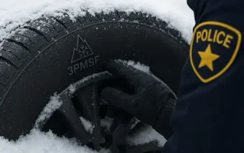 Policjant sprawdza oznaczenie 3PMSF na oponie, sugerując, czy opony wielosezonowe są dobre na zimę.