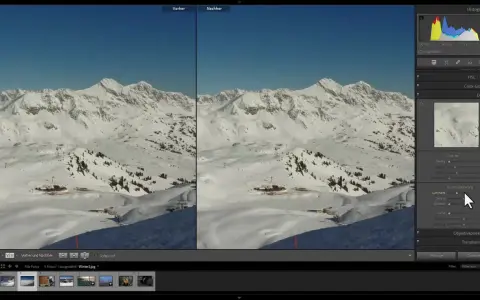 Comparación de imagen de montaña nevada, antes y después de aplicar denoise AI para mejorar la claridad.