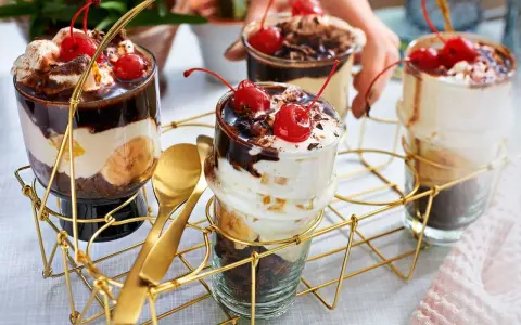 Schokoladige Dessert-Rezepte in Gläsern mit Bananen, Sahne und Kirschen. Goldene Löffel liegen bereit.