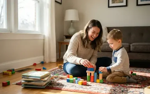 Mama i jej 5 latek budują wieżę z klocków na dywanie. Radosna zabawa w domu.