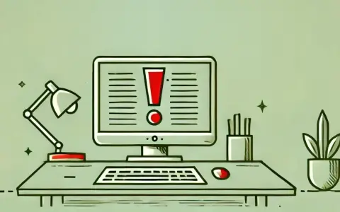 Biurko z komputerem, na ekranie wykrzyknik. Może to być ostrzeżenie dotyczące systemu e-przewóz.