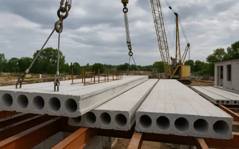 Strop z płyty żerańskiej jest podnoszony przez dźwig na budowie. W tle widać inne płyty i konstrukcje budowlane.