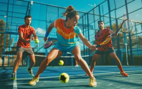 Två män och en kvinna spelar padel. Kvinnan slår bollen, redo att följa padel regler.