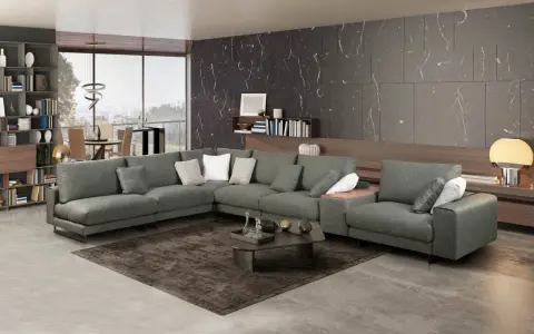 Elegante decoracion salon con sofa gris oscuro, alfombra, mesa de centro y estanterias.