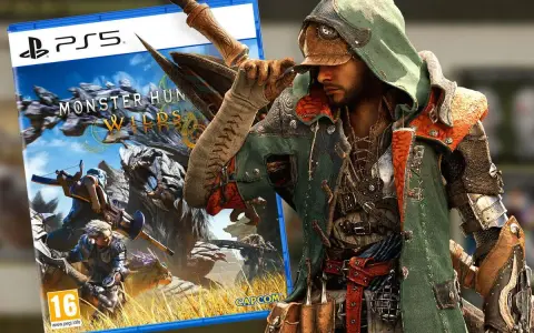 Cazador con armadura detallada junto a la carátula de PS5 de Monster Hunter Wilds, listo para la aventura.
