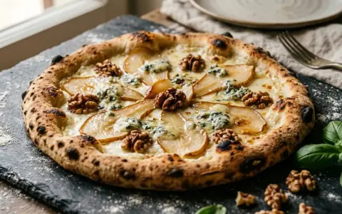 Wykwintna pizza bianca z gruszką, orzechami włoskimi i serem pleśniowym, idealna na elegancką kolację.