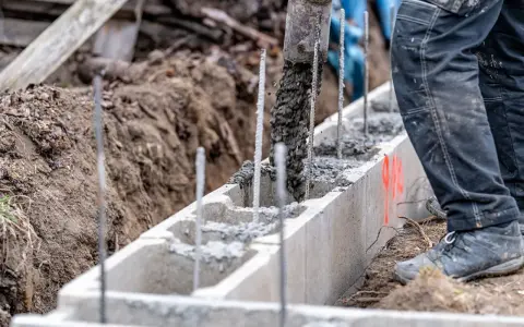 Betoniarka wylewa beton do szalunku. Pracownik w spodniach roboczych stoi obok. To kluczowy etap, by wiedzieć, jak obliczyć ilość betonu.