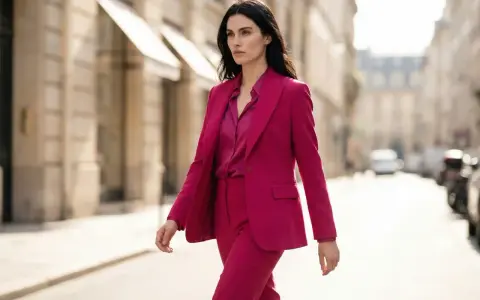 Kobieta w eleganckim garniturze w intensywnym fuksja kolorze idzie ulicą.