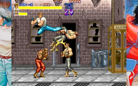 Combate callejero en juegos PS4 2 jugadores misma pantalla gratis. Cody y Bred luchan en un callejón.