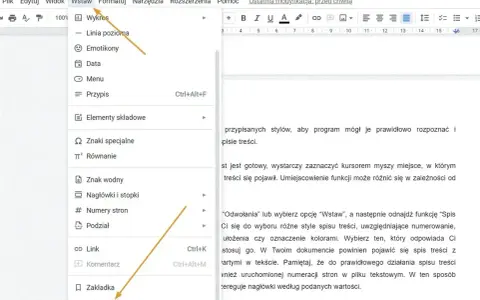 Wybieranie opcji "Wstaw" i następnie "Spis treści" w edytorze tekstu.