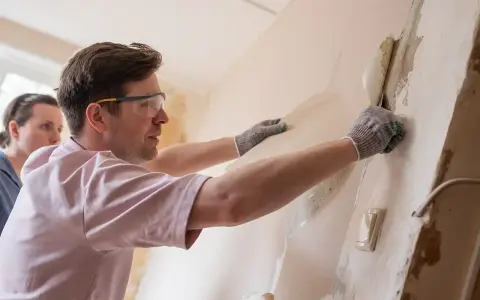 Un homme avec des lunettes de protection et des gants commence à décoller du vieux papier peint d'un mur, une femme l'observe.