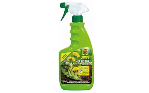 Botella verde con pulverizador de herbicida COMPO Herbistop, para eliminar malas hierbas para siempre.