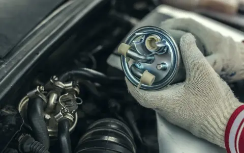 Hände mit Handschuhen halten einen neuen Kraftstofffilter bereit, um den alten im Motorraum zu wechseln.