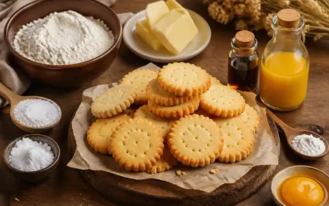 Des biscuits sablés dorés, empilés sur du papier sulfurisé, avec des ingrédients pour les meilleurs biscuits sablés : farine, beurre, sucre, œuf, vanille et jus.