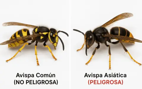 Comparación visual: avispa común (no peligrosa) vs. avispa asiática (peligrosa). Observa la diferencia entre velutina y avispa.