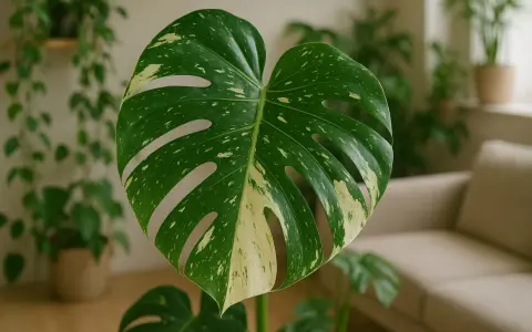 Duża, zielono-biała monstera w domowym zaciszu, przypominająca jej naturalne środowisko.