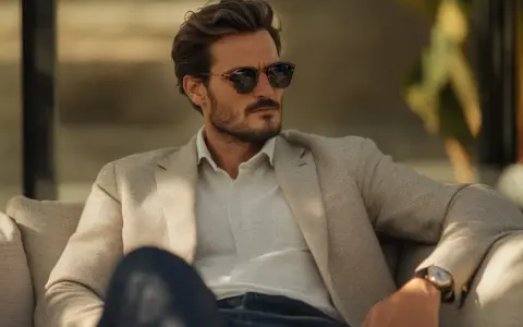 Uomini eleganti con blazer chiaro, occhiali da sole e orologio.