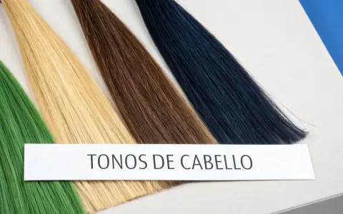 Muestras de cabello en tonos verde, rubio, castaño y azul oscuro. Una banda de papel dice "TONOS DE CABELLO", útil para saber mi subtono de piel.