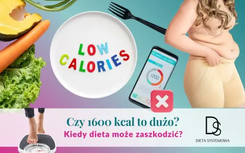 Warzywa, talerz z napisem "LOW CALORIES", aplikacja z kaloriami i osoba na wadze. Czy dieta 1600 kcal jest dla Ciebie?