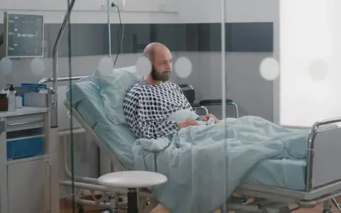 Mężczyzna w szpitalnym łóżku, z tlenem w nosie, czeka na wypis. Jego pobyt w szpitalu a zwolnienie lekarskie to teraz kluczowe kwestie.